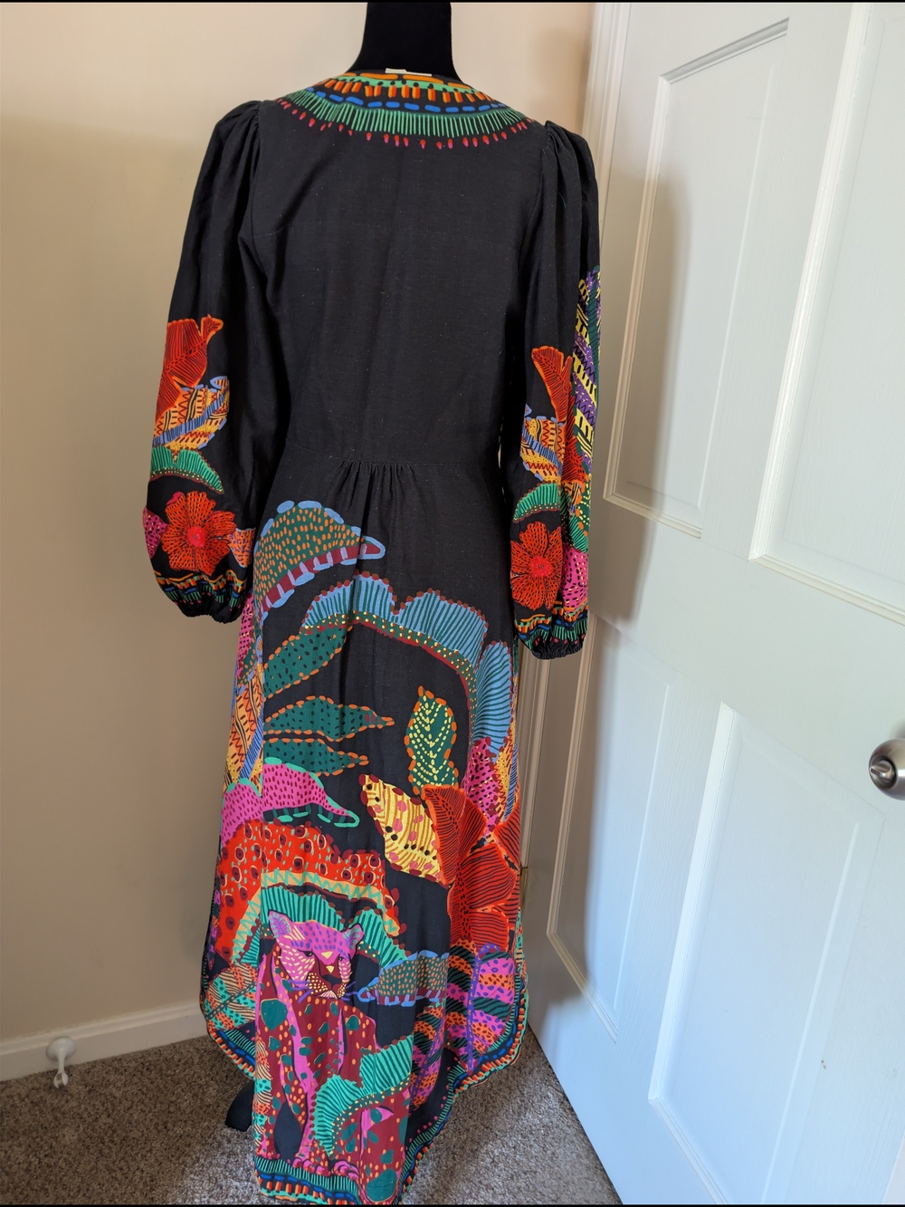 Farm Rio Black Cool Leopards Linen Blend V-Neck Maxi Dress Small Boho Resort - Picture 11 of 12